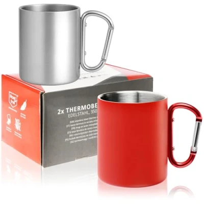 Image de Robin Goods® 2X Tasse Thermo en Acier Inoxydable avec poignée Mousqueton 350 ML par à café Boire incassable (2 pièces Argent/Rouge Mousqueton)