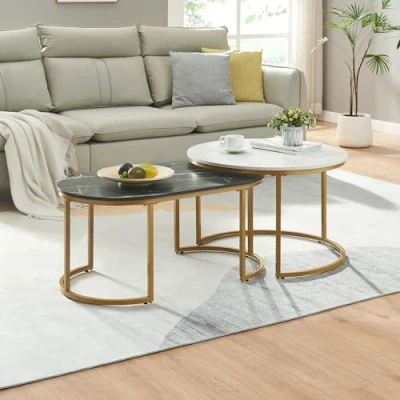 Image de [en.casa] Set de 2 Tables Basses Gigognes Tailles Différentes d&#039;Appoint Empilables Bout Canapé Robuste Design Intemporel pour Salon Séjour Bureau Acier MDF Aspect Marbre Blanc Noir Or