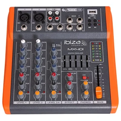 Image de Ibiza MX401 Table de mixage complète semi professionnelle à 4 canaux (égalisateur 5 bandes) avec entrées micros et lignes sorties REC, RCA, casque AUX USB Noir orange