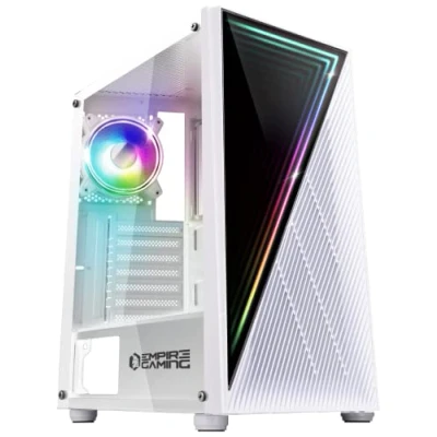 Image de EMPIRE GAMING Boîtier PC Gamer Crystal ARGB Moyenne Tour ATX, Micro ATX et ITX Façade 3D Effet Miroir Ventilateurs 1 x 120mm 3 Pins 5 Volts LED RGB Adressable Standard Blanc