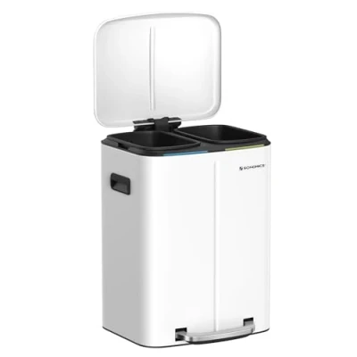 Image de SONGMICS Poubelle Cuisine 2 x 20L, Tri Sélectif, Double, Seaux Intérieurs en Plastique, Couvercle à Charnière, Poignée, Fermeture Douceur, Hermétique, Blanc LTB40WT