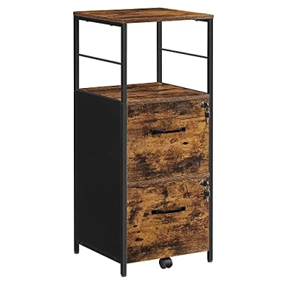Image de VASAGLE Caisson de Bureau 2 tiroirs, Placard Rangement, Cadre en Acier, Format A4, Support pour Imprimante, Pieds Réglables, Style Industriel, Marron Rustique et Noir OFC045B01