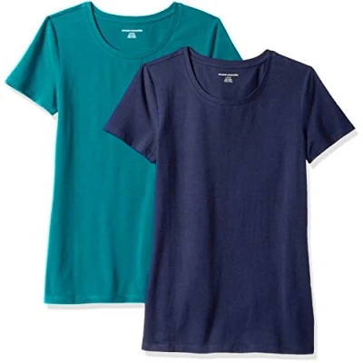 Image de Amazon Essentials T Shirt Col Rond à Manches Courtes Coupe Classique Femme, Lot de 2, Bleu Marine/Vert Foncé, XS