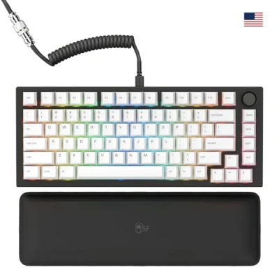 Image de Glorious Gaming GMMK Pro 75% Clavier de Jeu mécanique modulaire, TKL, Cadre 1,5 kg, Personnalisable, câble spiralé, Repose Poignets, Touches Blanches, RGB, Disposition QWERTY américaine Noir