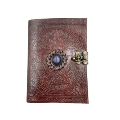 Image de OVERDOSE Pentagram Lapis Stone Journal en cuir avec serrure C laiton relié papier non doublé fait à la main carnet de notes 5 X 7 Pouces 12x17 Cm A6