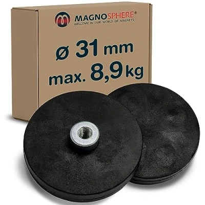 Image de 2 x Aimant en pot caoutchouté avec manchon taraudé Ø 31 mm Néodyme (NdFeB) Force 8,9 kg pièces Base magnétique douille fileté (M4) caoutchouc anti glisse