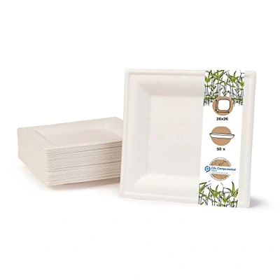 Image de Greenbox Vaisselle jetable en bagasse écologique 50 Assiettes carrées blanchies 26 x cm jetables de fête bio
