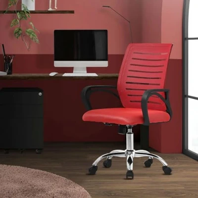 Image de ML Design Chaise de Bureau Ergonomique, Rouge, Réglable en Hauteur avec Accoudoirs, Fauteuil Tissu Filet Respirant, Fonction Bascule, Pivotante à 360 roulettes, d&#039;Ordinateur, Gaming