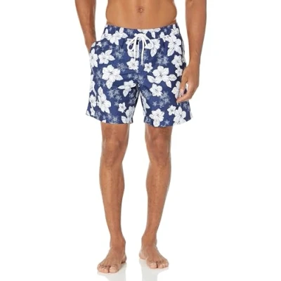 Image de Amazon Essentials Short de Bain à Séchage Rapide Entrejambe 18 cm Homme, Bleu Marine Fleur d&#039;hibiscus, XL