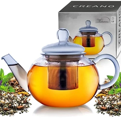 Image de Creano Théière en Verre 0,8l avec Filtre Acier Inoxydable Intégré et Couvercle Verre, Anti Goutte, 1500ml 800ml