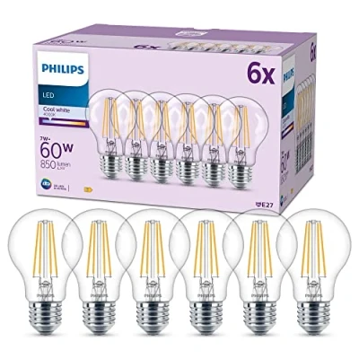 Image de Philips pack de 6 ampoules LED E27, 60W, transparentes, 4000K, blanc froid, verre