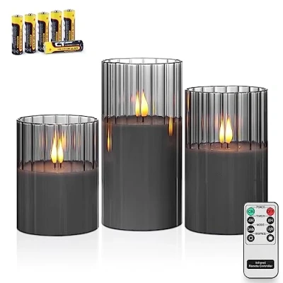 Image de Rhytsing Lot de 3 Bougies Grises à LED en verre Striés Classiques avec Télécommandes, Piliers pour Noël, H10cm/ 12.5cm/ 15cm