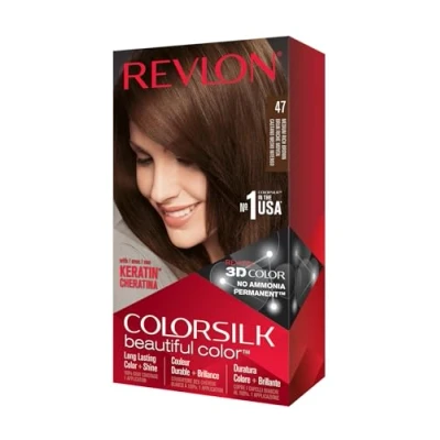Image de Revlon Colorsilk Beautiful Color Coloration Permanente des Cheveux avec Technologie au Gel 3D et Kératine, Teinture Couvrance à 100% Blancs, 47 Brun Riche Moyen