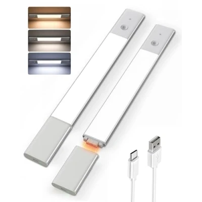 Image de EZVALO LED Lampe de Placard 38cm à Détecteur Mouvement Intérieur, Réglette Cuisine sans Fil, Lumière D&#039;armoire 3500K avec 3 Modes d’Éclairage, Rechargeable par USB, Veilleuse 2 Pack