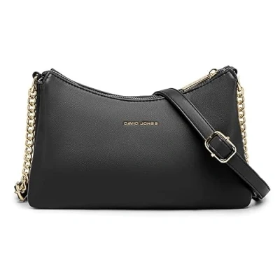Image de David Jones Petit Sac Bandoulière Plusieurs Compartiments Femme Porté Epaule Simili Cuir PU Pochette Chaînes 3 Soufflets Multipoche Besace Ville Soirée Téléphone Noir
