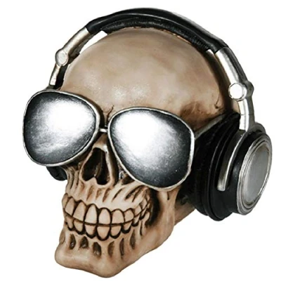 Image de zampeda1 Objet Décoratif/Tirelire en Polyresine/Crâne avec Casque Audio et Lunettes de Soleil/avec Serrure