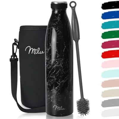 Image de Milu Gourde en acier inoxydable 350 ml 500 ml, 750 1000 1,5 l bouteille isotherme, d&#039;eau isolée, double paroi anti fuite, convient aux acides carboniques (Granit, 1L)