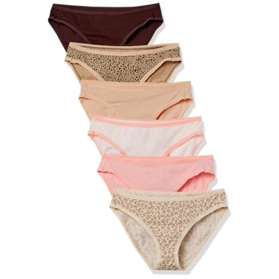 Image de Amazon Essentials Bas de Bikini en Coton (Grandes Tailles Disponibles) Femme, Lot 6, Impriméanimaux/Léopard/Multicolore/Rayures, 40