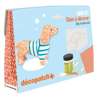 Image de Décopatch KIT026C un mini kit comprenant animal en papier pulpé blanc, 2 feuilles Décopatch, pinceau et pot de vernis colle, TECKEL