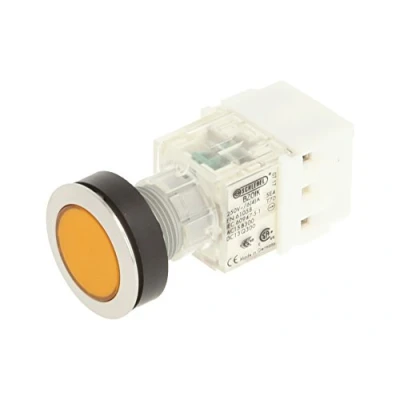 Image de Schlegel 23.000.506 Bouton poussoir en acier inoxydable, capuchon jaune, contacteur 1 ouverture/1 fermeture, raccord à vis