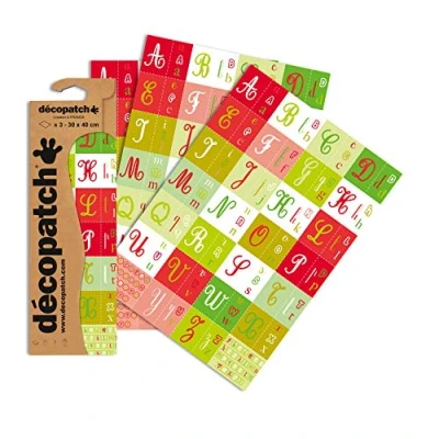Image de Décopatch C637O Une pochette de 3 feuilles papier imprimé 30x40 cm, Alphabet rouge et vert
