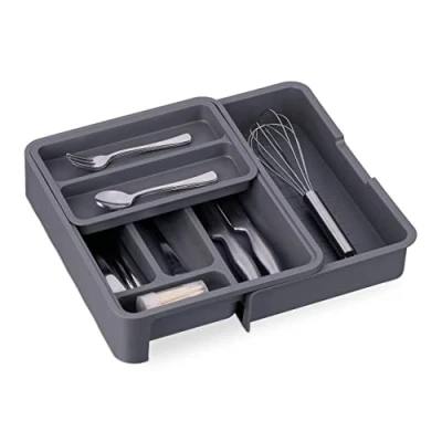 Image de Relaxdays Bac à Couverts Extensible, H x L P : 6,5 23,5 40 31,5 cm, 7 Compartiments, en Plastique, Gris foncé