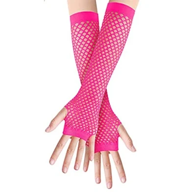 Image de gants longs en résille, Rose vif manchettes sans doigts, de déguisement maille, accessoire punk pour femmes, filles, enfants, des années 80, fournitures soirée