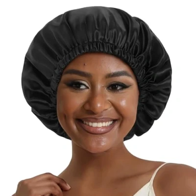 Image de Hat Hut Bonnet Satin Soie Cheveux Nuit, de pour Dormir Bouclés Femmes Hommes Réglable et Réversible (FR/ES, Alpha/Lettres, Taille Unique, Noir/Noir)