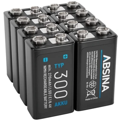 Image de ABSINA 8X Pile 9V Rechargeable 300 à Faible Auto Décharge Piles NiMH avec 8,4V &amp; au Minimum 270mAh Batterie Rechargeable, 6LR61 9V, 6LR20 Pile, rectangulaire 6F22