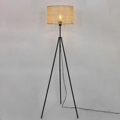 Image de Sampa Lampadaire Moderne Bora 150cm métal Noir et rotin Naturel Compatible LED