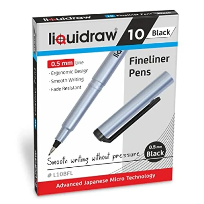 Image de Liquidraw Lot de 10 stylos à pointe fine 0,5 mm pour artistes, architectes, dessin technique, écriture, calligraphie, croquis et illustrations Noir