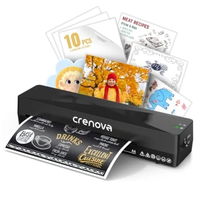 Image de Crenova LT01 Plastifieuse, 2 Rouleaux 250 mm/min Préchauffage Rapide, 230 mm Largeur Maximal A4 Pour Documents/Photo/Carte d’affaire + 10 Pochettes de Plastification.