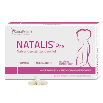 Image de SanaExpert Natalis Pre COMPLÉMENT ALIMENTAIRE POUR LA FERTILITÉ et GROSSESSE avec acide folique, Quatrefolic, fer vitamines (30 capsules). Produit Vegan Ingrédients 100% naturels.