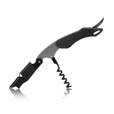 Image de Qpractiko Tire bouchon Double Temps en Acier Inoxydable Spirale Téflon pour Ouverture Facile Coupe Capsule Intégrée Design Élégant, Noir, Plastique