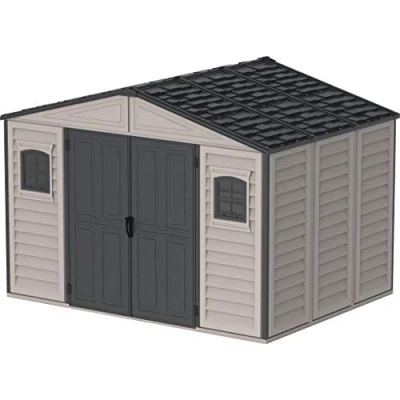 Image de Duramax WoodBridge II PLUS 10.5 x 8 (7.64 m²) Abri de jardin en plastique avec kit fondation et 2 fenêtres fixes Structure toit métal robuste, Sans entretien, Gris foncé/ Adobe