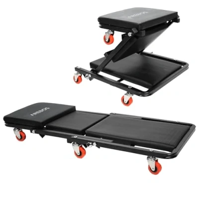 Image de AREBOS Planche à roulettes de Montage 2 en 1 capacité Charge 150 kg 6 Mobiles Rotation 360 Chariot d&#039;atelier siège Fonction Assise et couchée