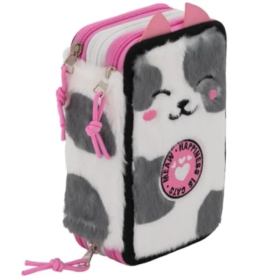 Image de Julian Ross Fluffy Chaton Trousse Peluche pour Enfant, Étui Triple Rempli 3D Fille, 45 Accessoires l&#039;École, 3 Fermetures Éclair, Crayons de Couleur, Feutres, Colle, Ciseaux