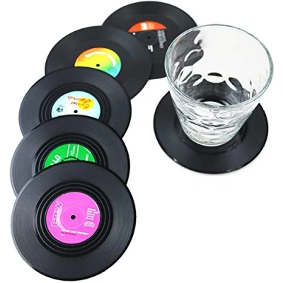 Image de Dr.JIEER Lot de 6 Dessous Verre rétro pour CD Noir,sous Verre, Verre,Dessous
