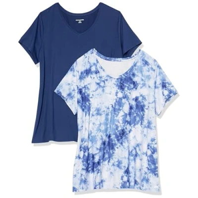 Image de Amazon Essentials T shirt Tech à manches courtes et col en V, extensible (disponible grande taille) Femme, Lot de 2, Blanc Tie dye/Bleu Marine, M