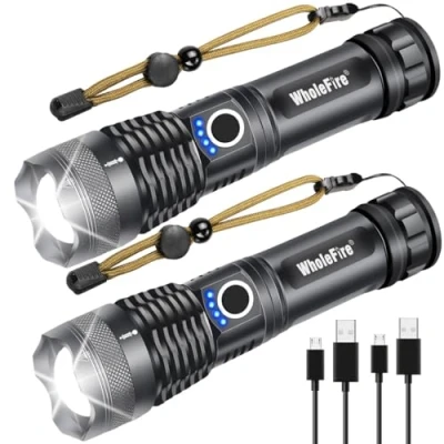 Image de ShineTool Torche Lampe de Poche LED 2 Pack, XHP50 USB Rechargeable 4000Lumens IPX4 Étanche, 5 Modes Eclairage, Zoom télescopique pour Camping, Randonnée, D&#039;urgence