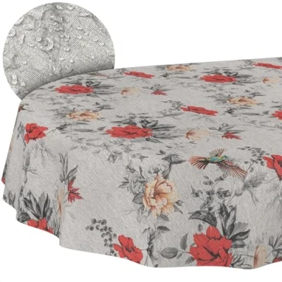 Image de ANRO Nappe de Table en Coton et Polyester Lavable Facile d&#039;entretien Forme Ronde, Ovale, rectangulaire Motif Floral Ovale 180 x 140 cm Bord coupé