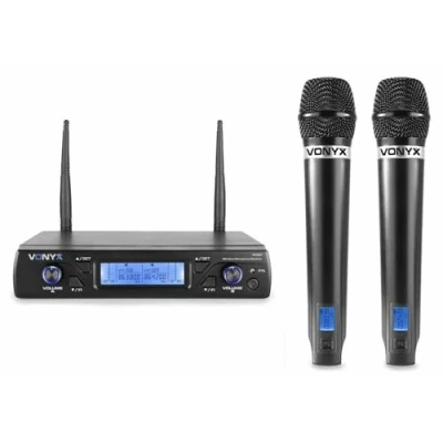 Image de Vonyx WM62 2x Microphones sans Fil UHF avec Récepteur 16 Canaux, Micros Fil, Idéal pour Karaoké, Conférences et Présentations