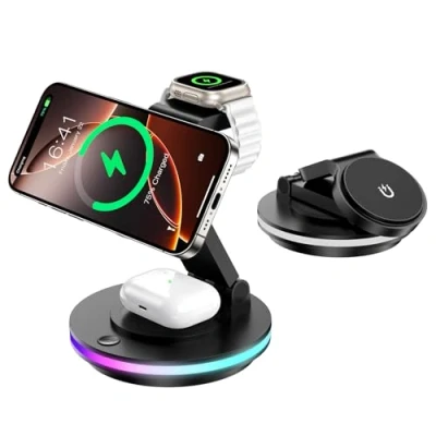 Image de Mag Safe Chargeur 3 en 1 pour Apple Watch et iPhone, Pliable, Rotatif, avec réglage de la lumière, Support Charge sans Fil, iPhone 16/15/14, AirPods (sans