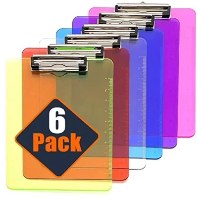 Image de KAHEIGN 6Pcs A4 Presse papiers En Plastique Transparent, 6 Couleurs Porte papier Tableau D&#039;écriture Avec Clip à Profil Bas Et Bord D&#039;échelle De Règle Pour Formulaire Mémo