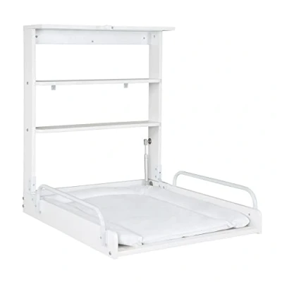 Image de roba Table à Langer Murale Pliante en Bois Laqué Blanc avec Matelas de Change 2 Étagères Pratiques peu Encombrante Supporte Jusqu&#039;à 15 kg