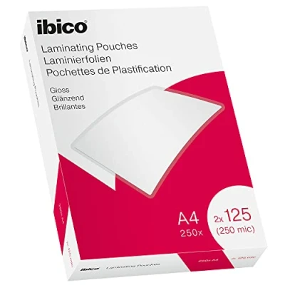 Image de Ibico Pochettes de Plastification A4, 250 microns (2x125), Haute Protection et Durabilité des Documents, Paquet 250, Finition Brillante, Transparent, 628605