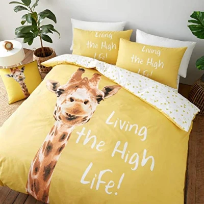 Image de Catherine Lansfield Parure de lit réversible avec Housse Couette et taies d&#039;oreiller Motif Girafe Jaune