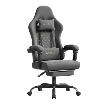 Image de WOLTU Chaise Gaming Massante, Fauteuil Gamer, avec Coussin à Ressorts, Soutien Lombaire Massant, Ergonomique, Appui tête, Repose Pieds, Charge 150kg, Tissu Technique, Gris+Jaune, GS07gr