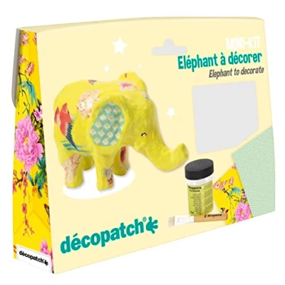Image de Décopatch KIT029C un mini kit comprenant animal en papier pulpé blanc, 2 feuilles Décopatch, pinceau et pot de vernis colle, EL ÉPHANT