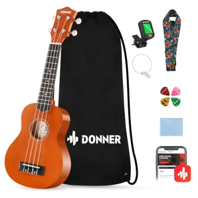 Image de Donner Ukulélé pour Débutant Soprano Kit 21 pouces Adulte avec Sac Sangle Tuner, Online Leçon,Couleur Acajou